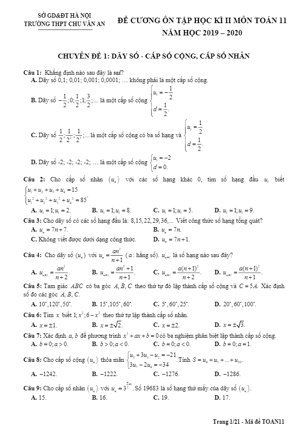 Đề cương ôn tập HK2 Toán 11 năm 2019 – 2020 trường Chu Văn An – Hà Nội