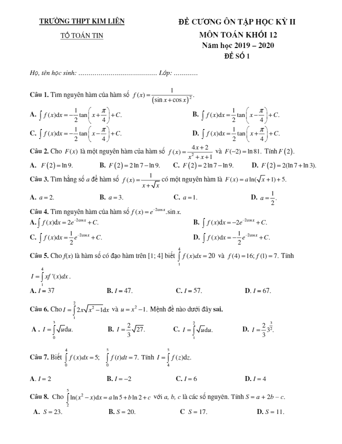 Đề cương ôn tập HK2 Toán 12 năm 2019 2020 trường THPT Kim Liên Hà Nội