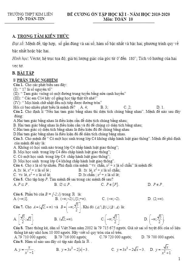 Đề cương ôn tập học kì 1 Toán 10 năm 2019 2020 trường Kim Liên Hà Nội