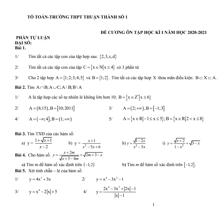 Đề cương ôn tập học kì 1 Toán 10 năm 2020 2021 trường THPT Thuận Thành 1 Bắc Ninh