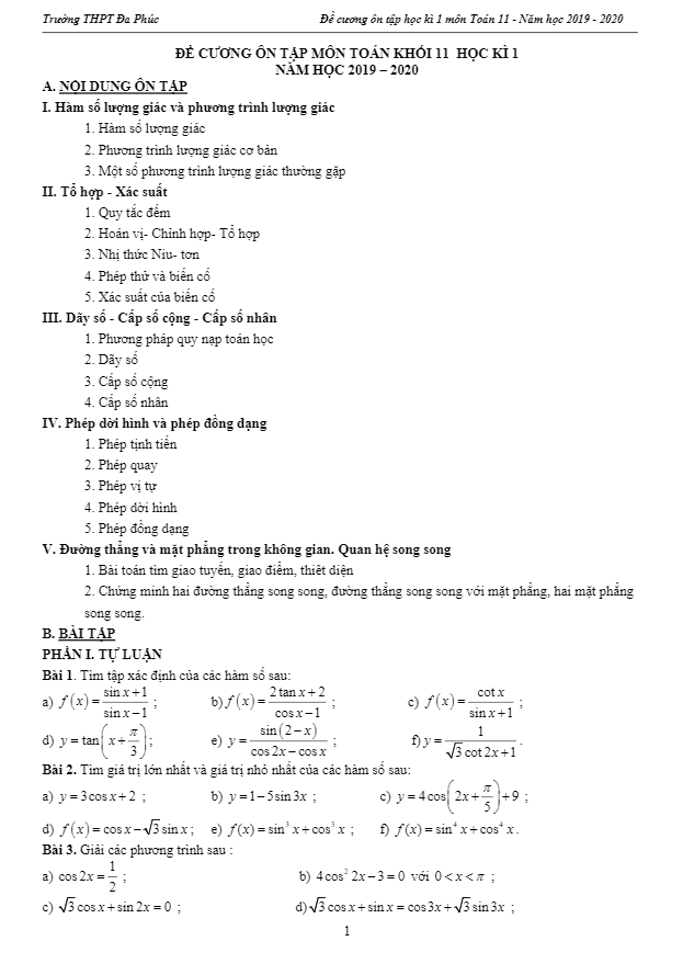 Đề cương ôn tập học kì 1 Toán 11 năm 2019 2020 trường Đa Phúc Hà Nội