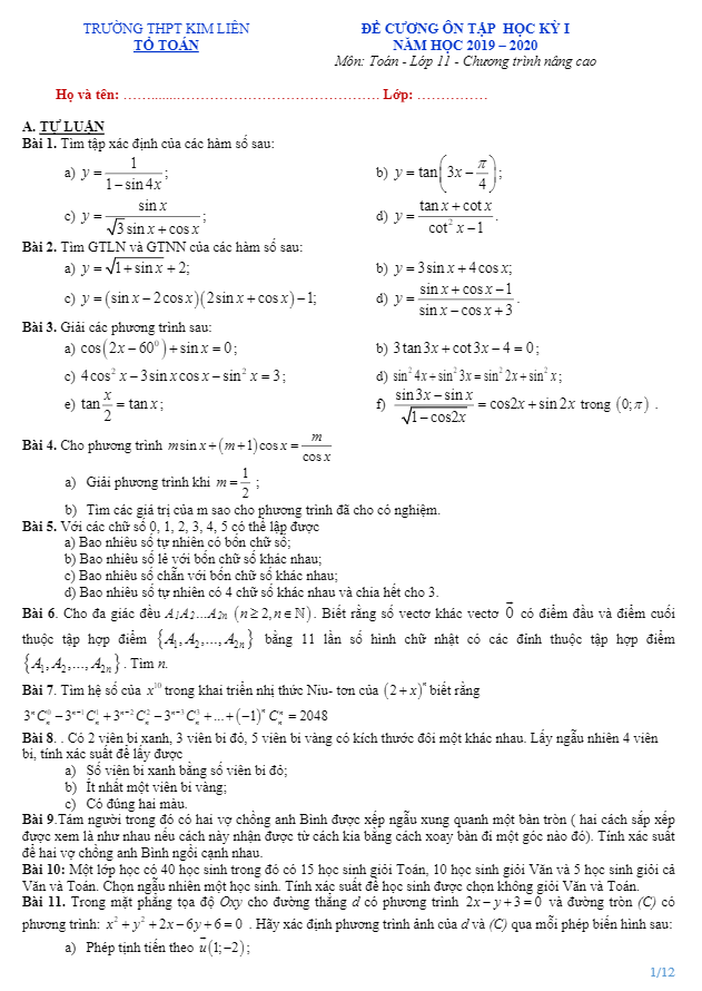 Đề cương ôn tập học kì 1 Toán 11 năm 2019 2020 trường Kim Liên Hà Nội