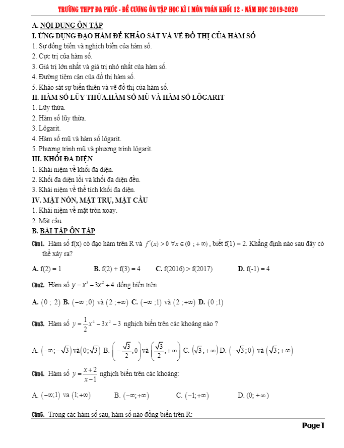 Đề cương ôn tập học kì 1 Toán 12 năm 2019 2020 trường Đa Phúc Hà Nội