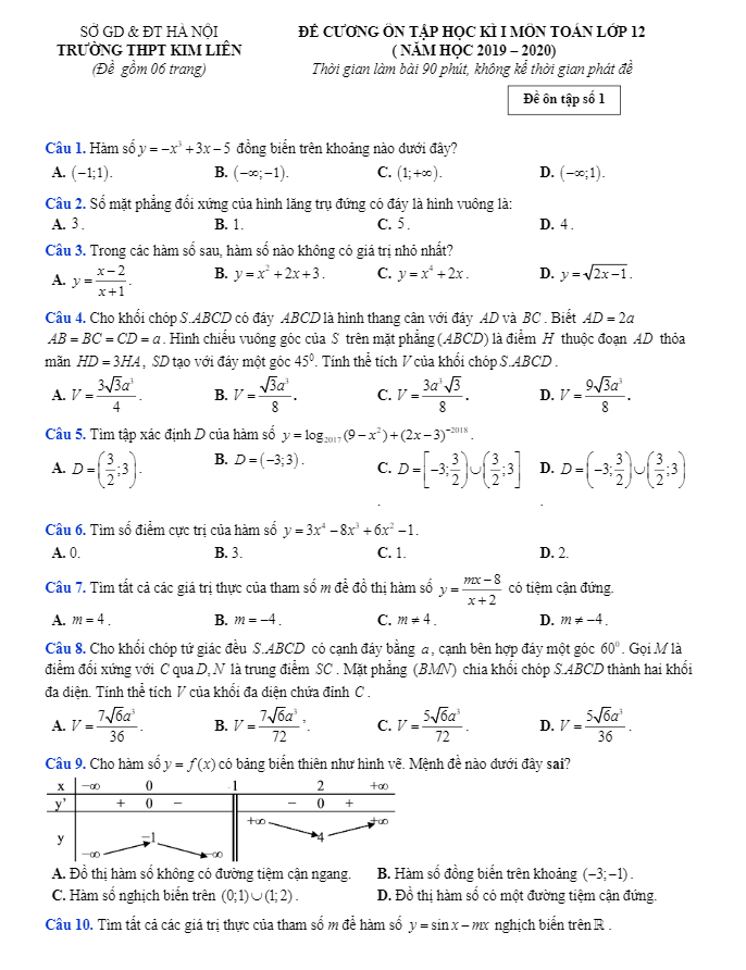 Đề cương ôn tập học kì 1 Toán 12 năm 2019 2020 trường Kim Liên Hà Nội
