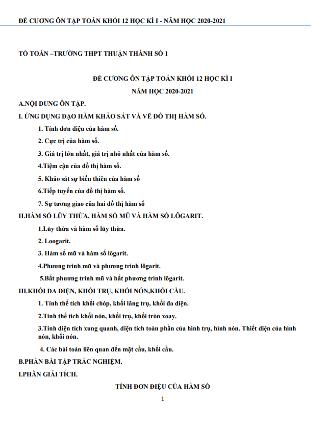 Đề cương ôn tập học kì 1 Toán 12 năm 2020 2021 trường THPT Thuận Thành 1 Bắc Ninh