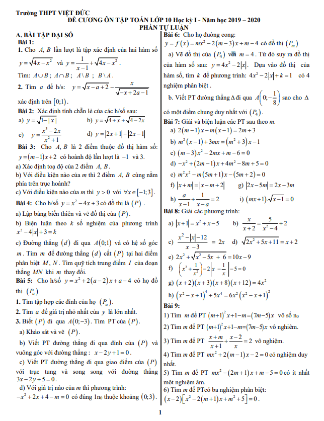 Đề cương ôn tập học kỳ 1 Toán 10 năm 2019 2020 trường THPT Việt Đức Hà Nội