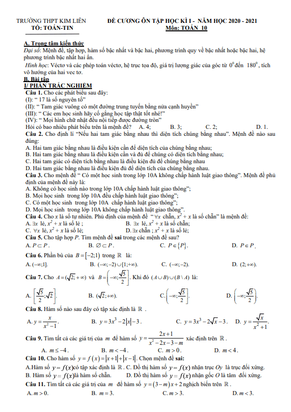 Đề cương ôn tập học kỳ 1 Toán 10 năm 2020 2021 trường THPT Kim Liên Hà Nội