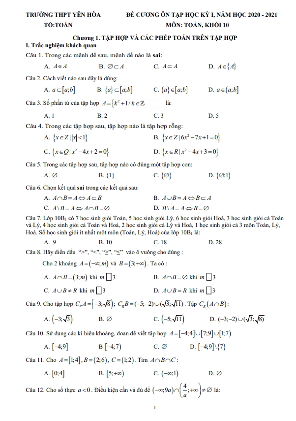 Đề cương ôn tập học kỳ 1 Toán 10 năm 2020 2021 trường THPT Yên Hòa Hà Nội