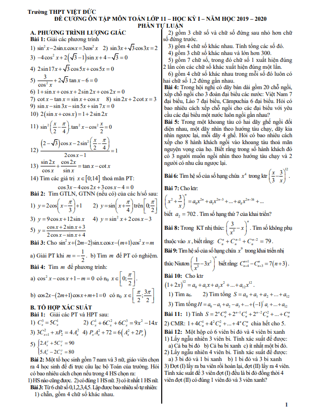 Đề cương ôn tập học kỳ 1 Toán 11 năm 2019 2020 trường THPT Việt Đức Hà Nội