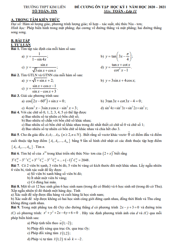 Đề cương ôn tập học kỳ 1 Toán 11 năm 2020 2021 trường THPT Kim Liên Hà Nội