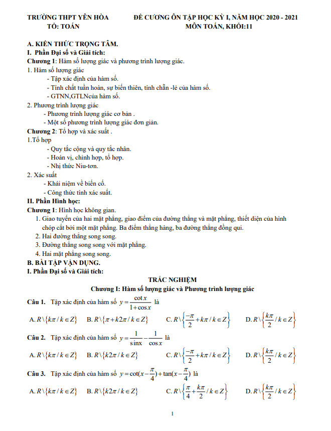 Đề cương ôn tập học kỳ 1 Toán 11 năm 2020 2021 trường THPT Yên Hòa Hà Nội