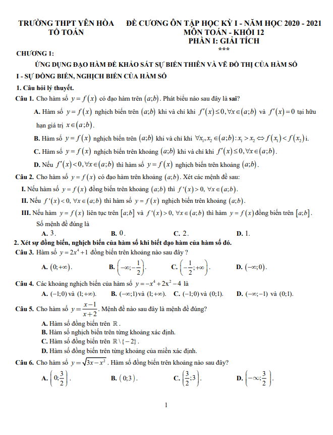 Đề cương ôn tập học kỳ 1 Toán 12 năm 2020 2021 trường THPT Yên Hòa Hà Nội