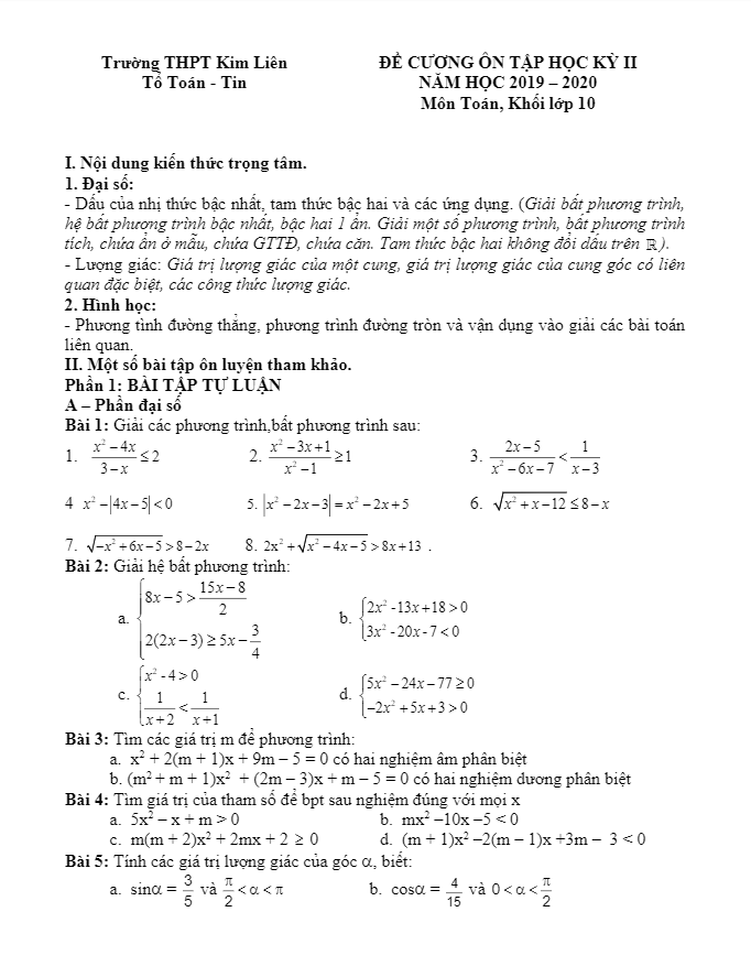 Đề cương ôn tập học kỳ 2 Toán 10 năm 2019 2020 trường THPT Kim Liên Hà Nội