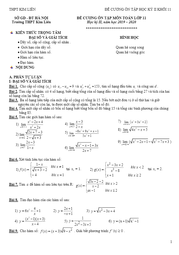 Đề cương ôn tập học kỳ 2 Toán 11 năm 2019 2020 trường THPT Kim Liên Hà Nội