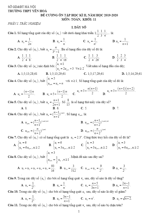 Đề cương ôn tập học kỳ 2 Toán 11 năm 2019 2020 trường THPT Yên Hòa Hà Nội