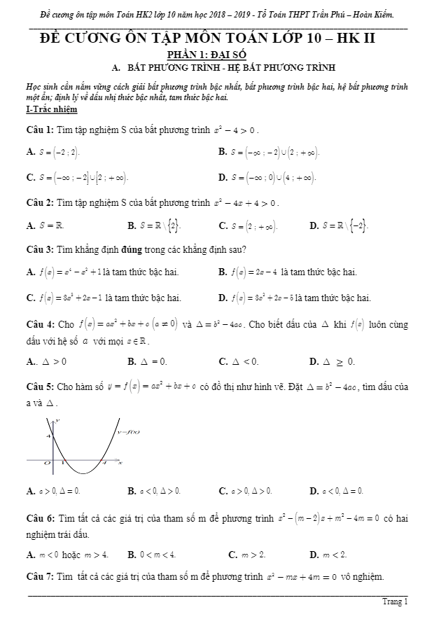 Đề cương ôn tập Toán 10 HK2 năm 2018 – 2019 trường Trần Phú – Hà Nội
