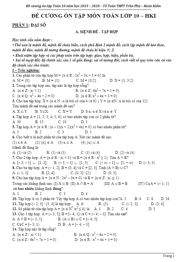Đề cương ôn tập Toán 10 HKI năm 2019 2020 trường THPT Trần Phú Hà Nội