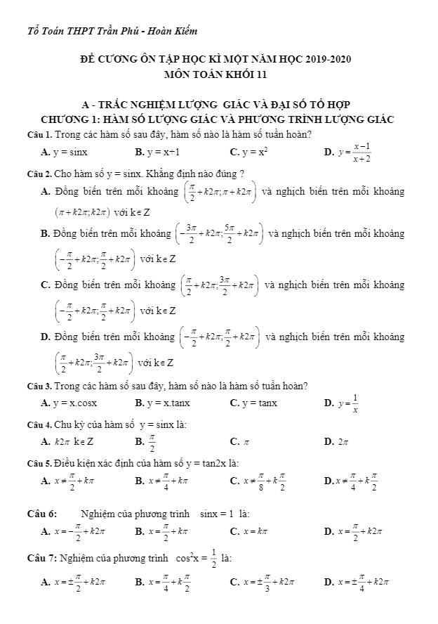 Đề cương ôn tập Toán 11 HKI năm 2019 2020 trường THPT Trần Phú Hà Nội
