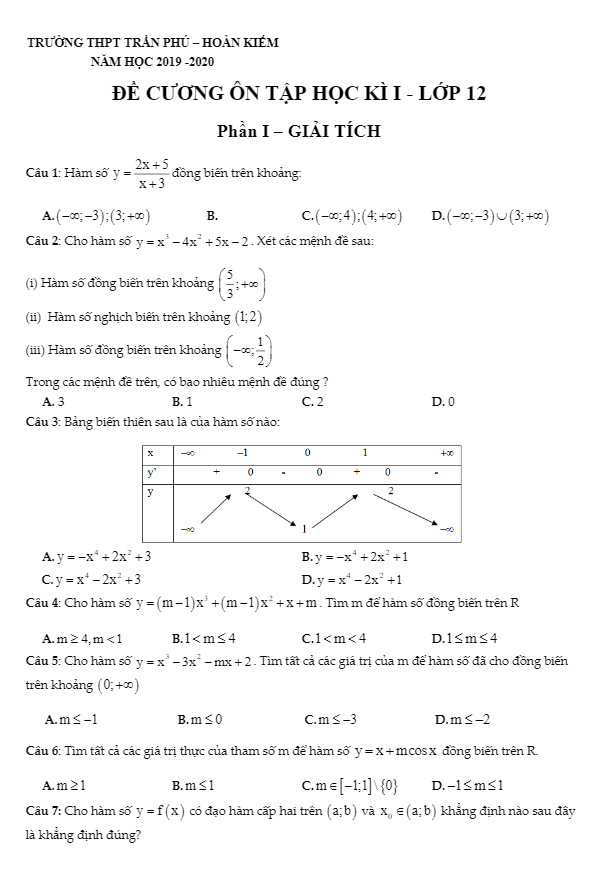 Đề cương ôn tập Toán 12 HKI năm 2019 2020 trường THPT Trần Phú Hà Nội