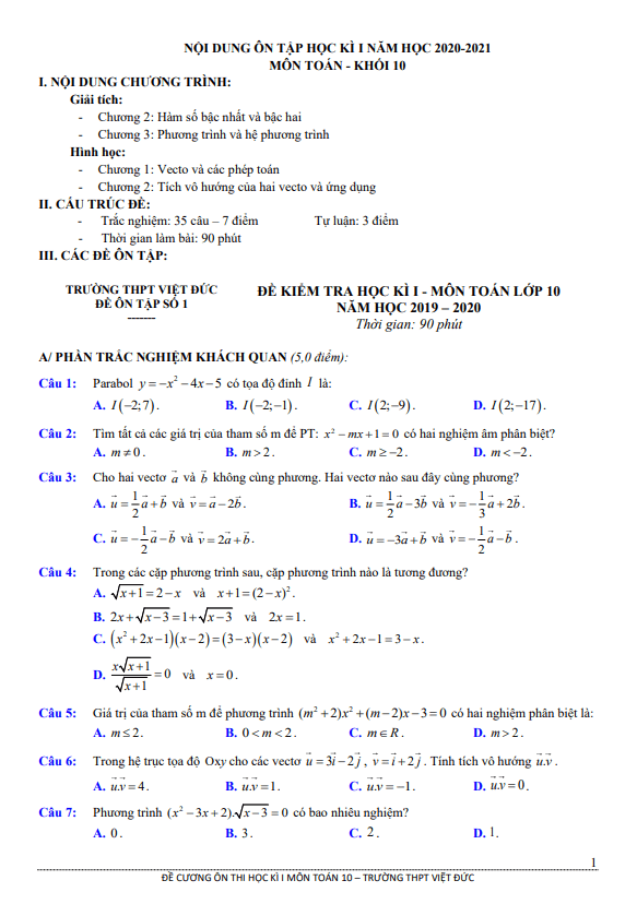 Đề cương ôn thi học kì 1 Toán 10 năm 2020 2021 trường THPT Việt Đức Hà Nội