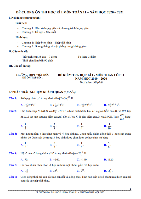 Đề cương ôn thi học kì 1 Toán 11 năm 2020 2021 trường THPT Việt Đức Hà Nội