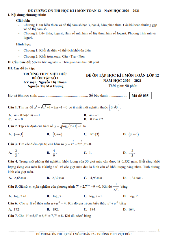 Đề cương ôn thi học kì 1 Toán 12 năm 2020 2021 trường THPT Việt Đức Hà Nội
