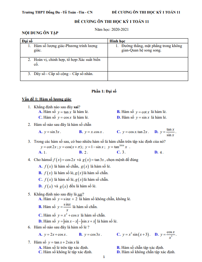 Đề cương ôn thi học kỳ 1 Toán 11 năm 2020 2021 trường THPT Đống Đa Hà Nội