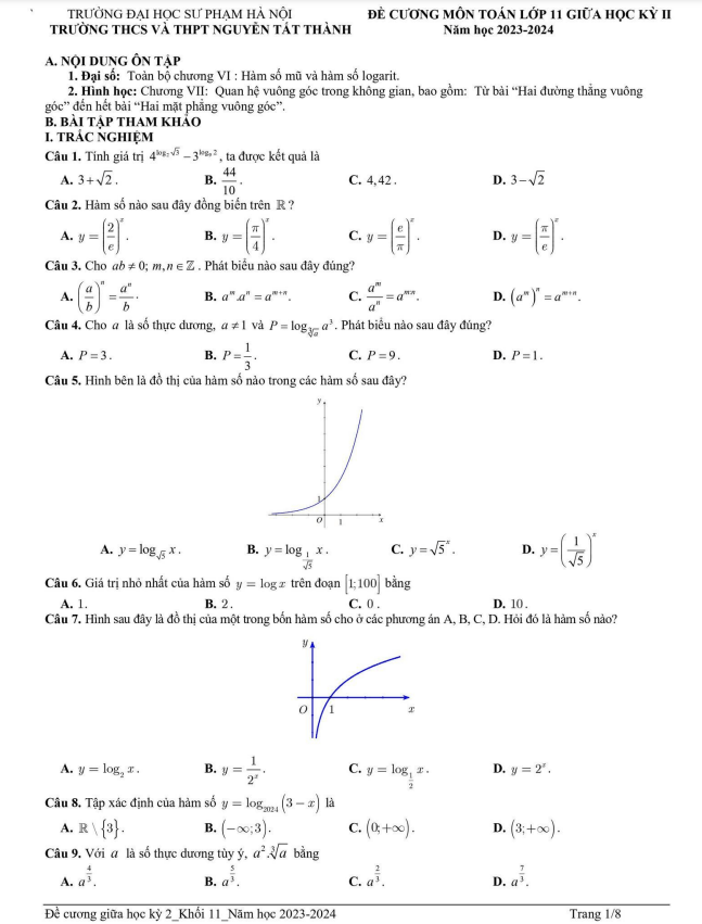 Đề cương Toán 11 giữa kỳ 2 năm 2023 2024 trường Nguyễn Tất Thành Hà Nội