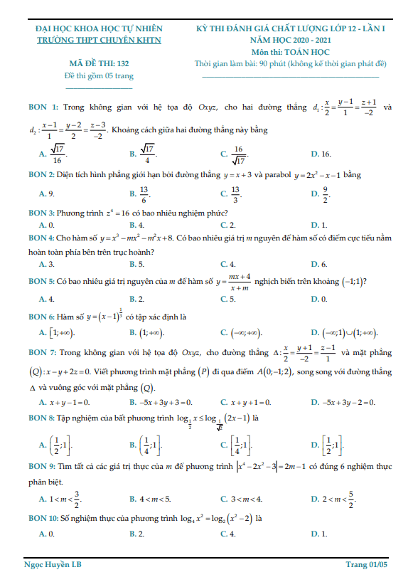 Đề đánh giá chất lượng Toán 12 lần 1 năm 2020 2021 trường chuyên KHTN Hà Nội