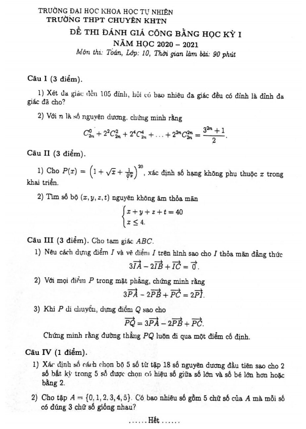 Đề ĐGCB học kỳ 1 Toán 10 năm 2020 2021 trường THPT chuyên KHTN Hà Nội
