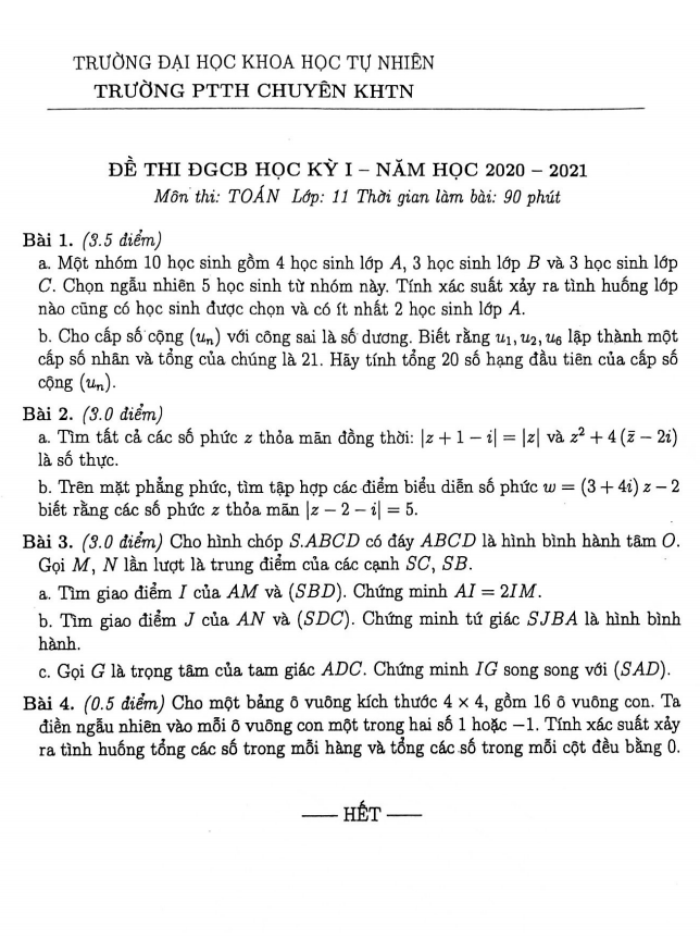 Đề ĐGCB học kỳ 1 Toán 11 năm 2020 2021 trường THPT chuyên KHTN Hà Nội