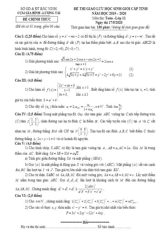 Đề giao lưu HSG Toán 11 cấp tỉnh năm 2019 2020 cụm Gia Bình Lương Tài Bắc Ninh