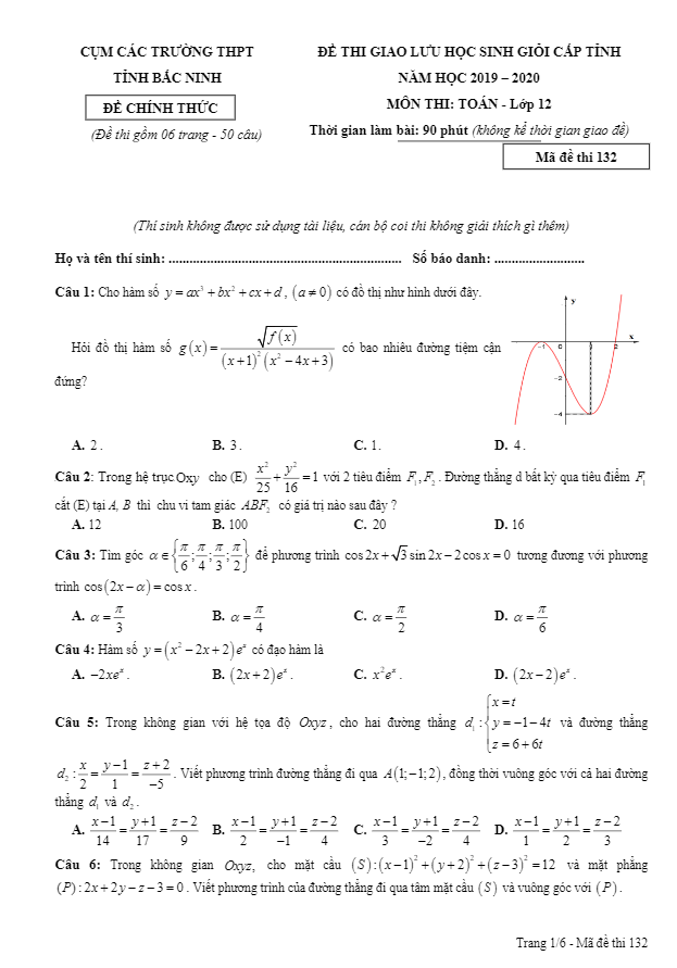 Đề giao lưu HSG Toán 12 năm 2019 2020 cụm các trường THPT tỉnh Bắc Ninh