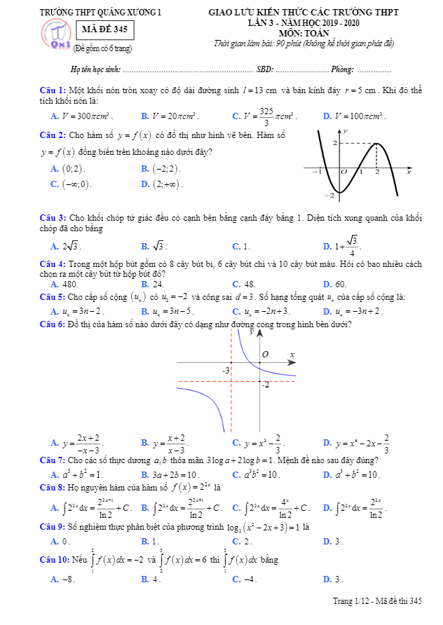 Đề giao lưu kiến thức Toán năm 2019 2020 lần 3 trường Quảng Xương 1 Thanh Hóa