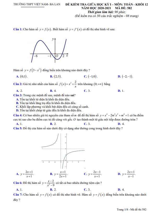 Đề giữa học kỳ 1 Toán 12 năm 2020 2021 trường THPT Việt Nam Ba Lan Hà Nội