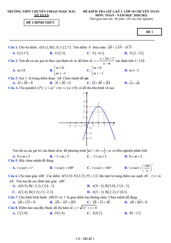 Đề giữa kỳ 1 Toán 10 chuyên năm 2020 2021 trường chuyên Thoại Ngọc Hầu An Giang