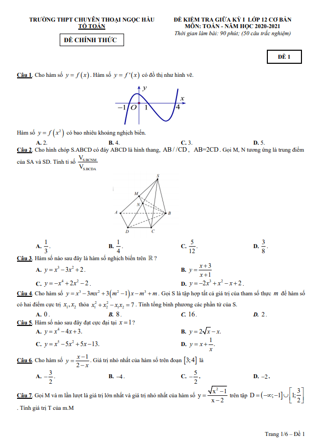 Đề giữa kỳ 1 Toán 12 CB năm 2020 2021 trường chuyên Thoại Ngọc Hầu An Giang