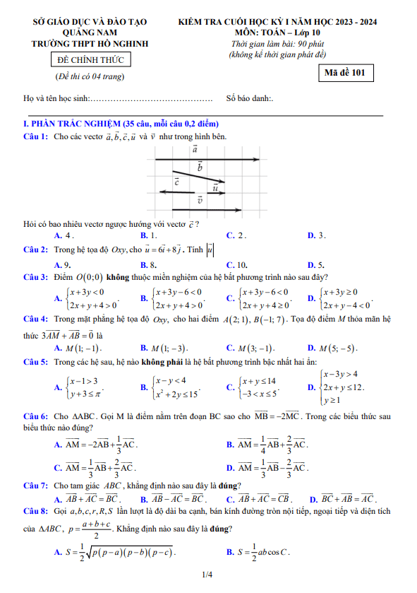 Đề học kì 1 Toán 10 năm 2023 2024 trường THPT Hồ Nghinh Quảng Nam