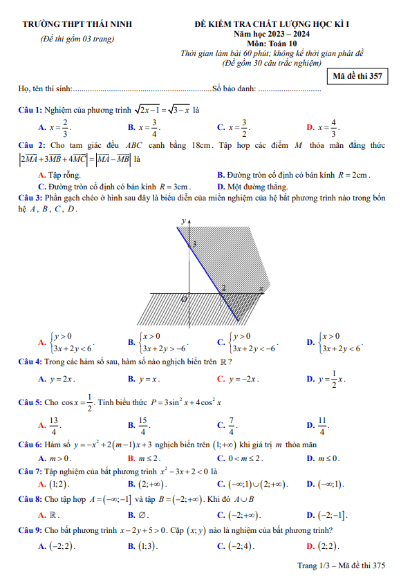 Đề học kì 1 Toán 10 năm 2023 2024 trường THPT Thái Ninh Thái Bình