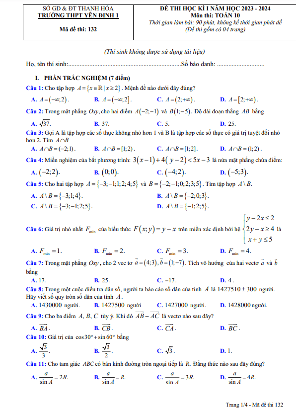 Đề học kì 1 Toán 10 năm 2023 2024 trường THPT Yên Định 1 Thanh Hóa