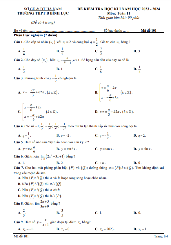 Đề học kì 1 Toán 11 năm 2023 2024 trường THPT B Bình Lục Hà Nam