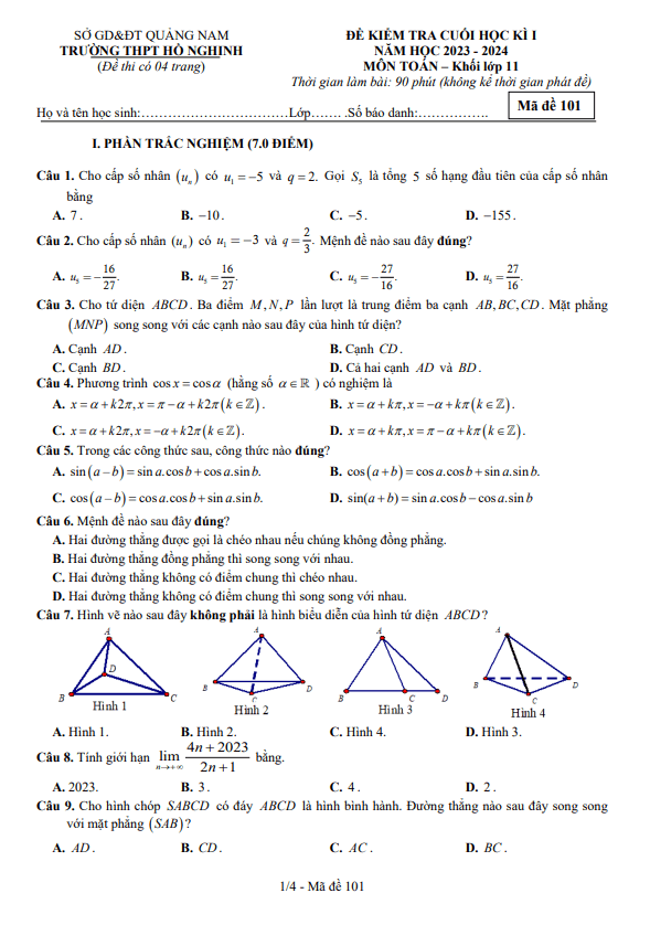 Đề học kì 1 Toán 11 năm 2023 2024 trường THPT Hồ Nghinh Quảng Nam