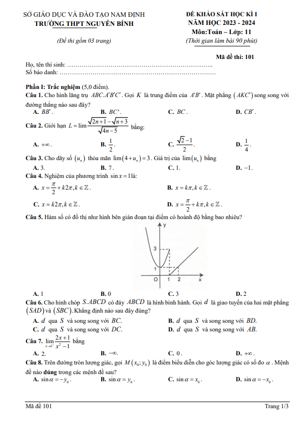 Đề học kì 1 Toán 11 năm 2023 2024 trường THPT Nguyễn Bính Nam Định