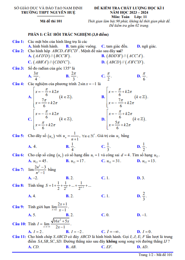 Đề học kì 1 Toán 11 năm 2023 2024 trường THPT Nguyễn Huệ Nam Định