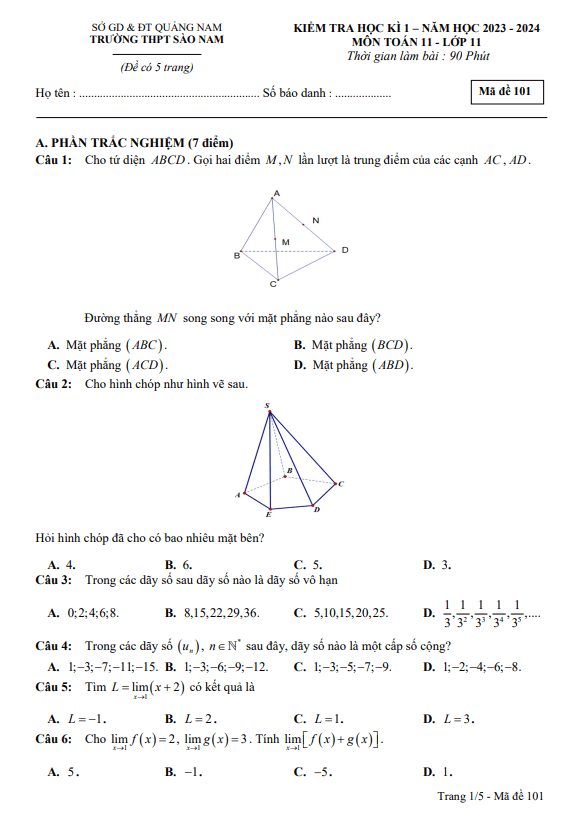 Đề học kì 1 Toán 11 năm 2023 2024 trường THPT Sào Nam Quảng Nam