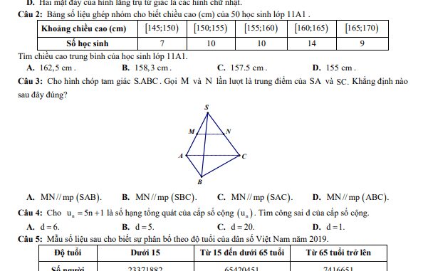 Đề học kì 1 Toán 11 năm 2023 2024 trường THPT Thạch Bàn Hà Nội