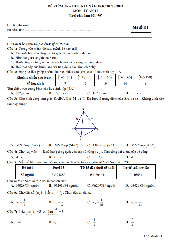 Đề học kì 1 Toán 11 năm 2023 2024 trường THPT Thạch Bàn Hà Nội