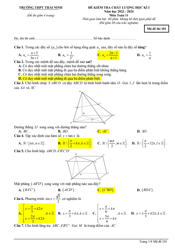 Đề học kì 1 Toán 11 năm 2023 2024 trường THPT Thái Ninh Thái Bình