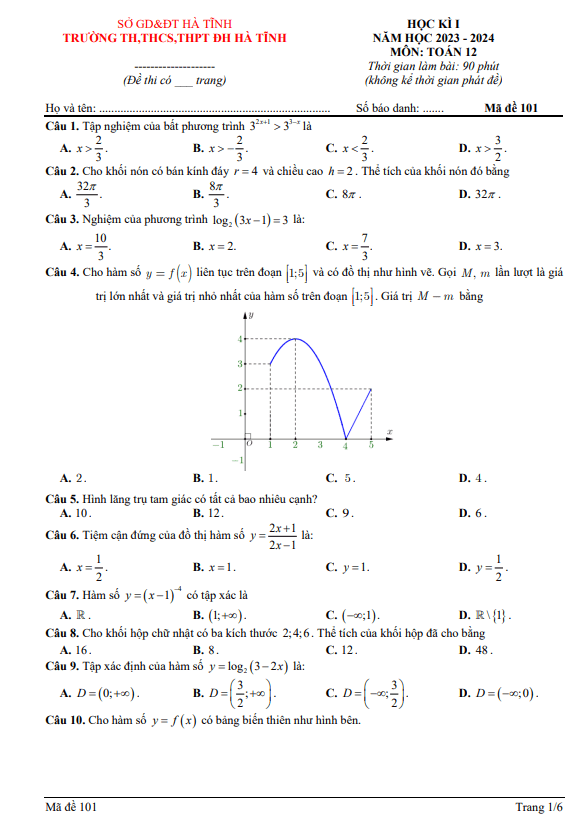 Đề học kì 1 Toán 12 năm 2023 2024 trường TH THCS THPT Đại học Hà Tĩnh