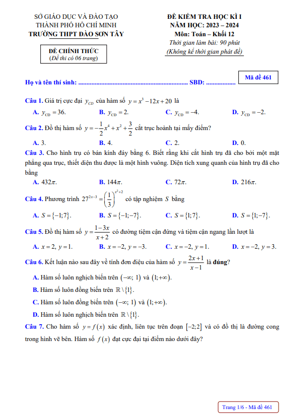 Đề học kì 1 Toán 12 năm 2023 2024 trường THPT Đào Sơn Tây TP HCM
